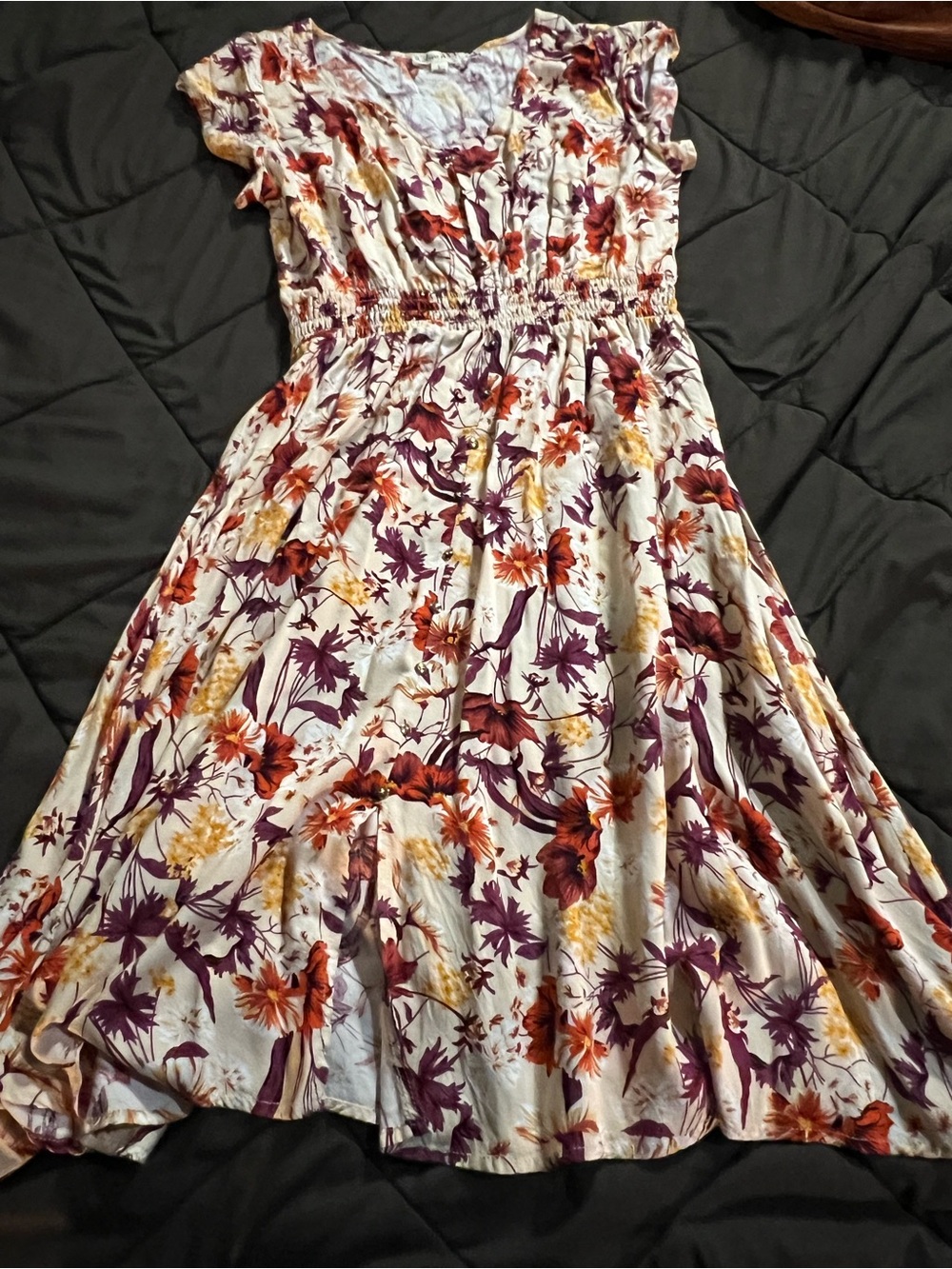 White Midi Dress with Purple & Orange Floral Print